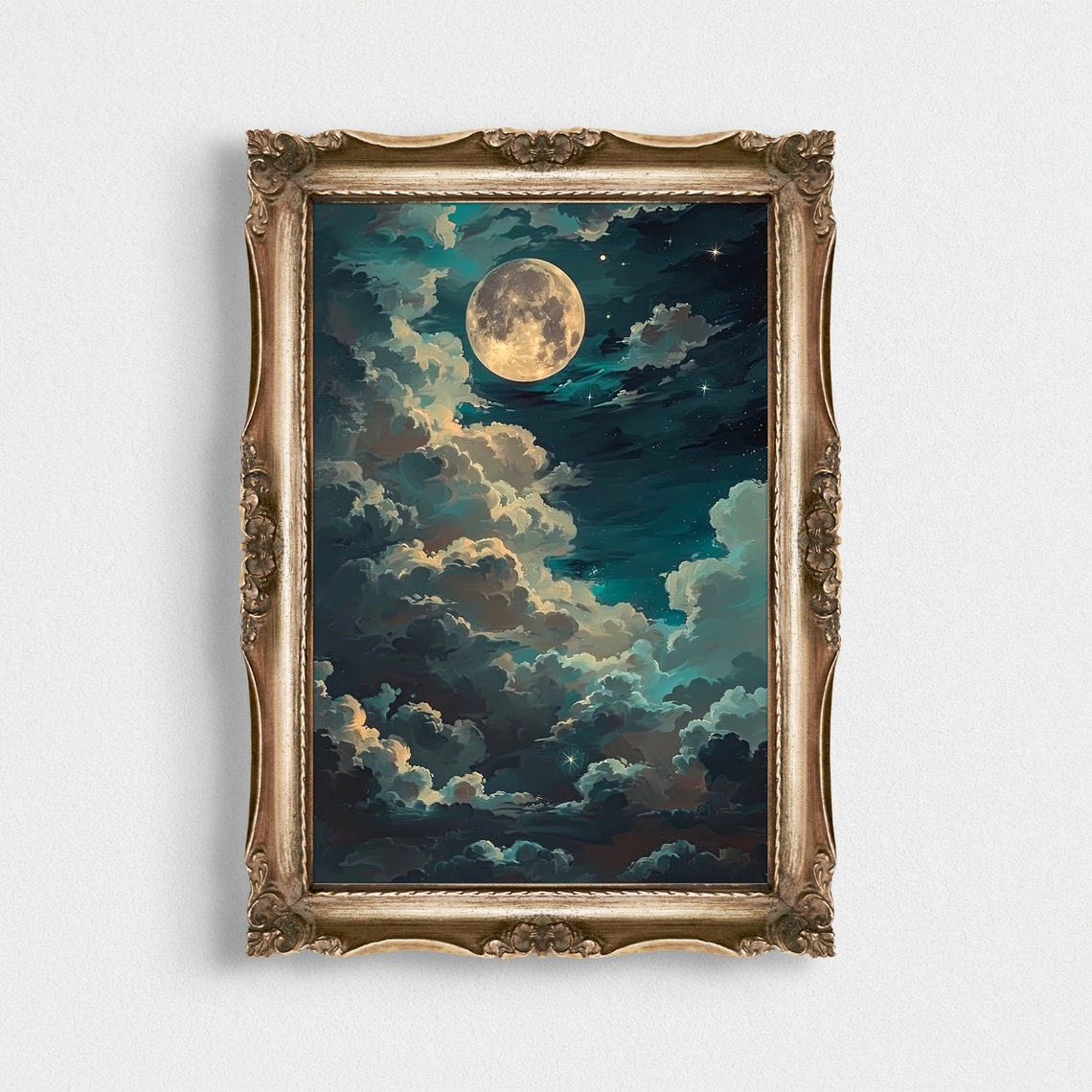 Full Moon Rising Over Billowing Clouds Teal Night Sky Poster