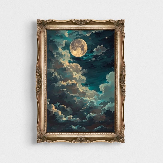 Timeless Star Gazing Vintage Night Landscape Night Sky Wall Art Wall Decor Cloudy Moon Night Landscape Celestial Print