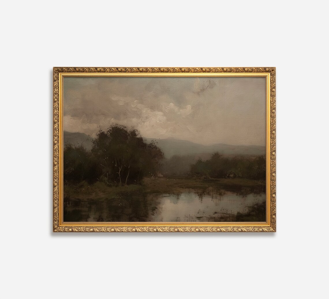 Dark Riverbank With Trees Moody Evening Reflections Painting Print - Image 2