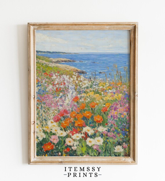 Coastal Wildflower Meadow Ocean View Vintage Impressionist Poster