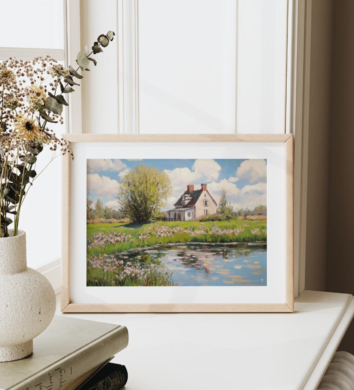 Country Cottage Pond Painting Pink Wildflower Landscape Art Poster - Image 3