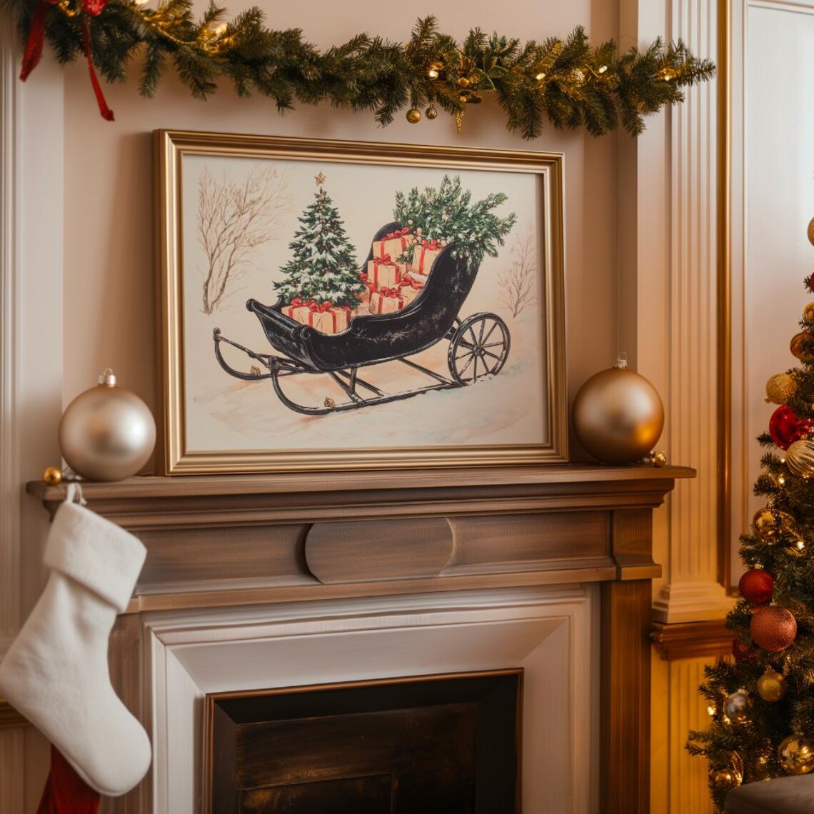 Vintage Black Sleigh With Gifts And Pine Boughs In Snow Poster - Image 3