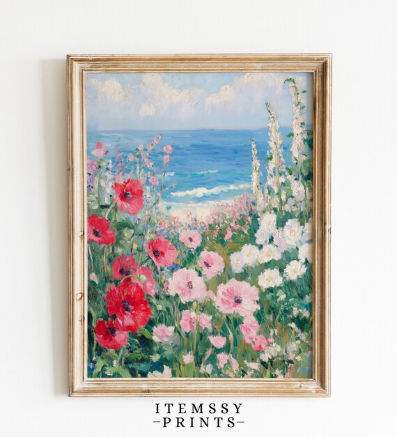 Coastal Wildflower Field Poppy Beach Impressionist Garden Art Poster