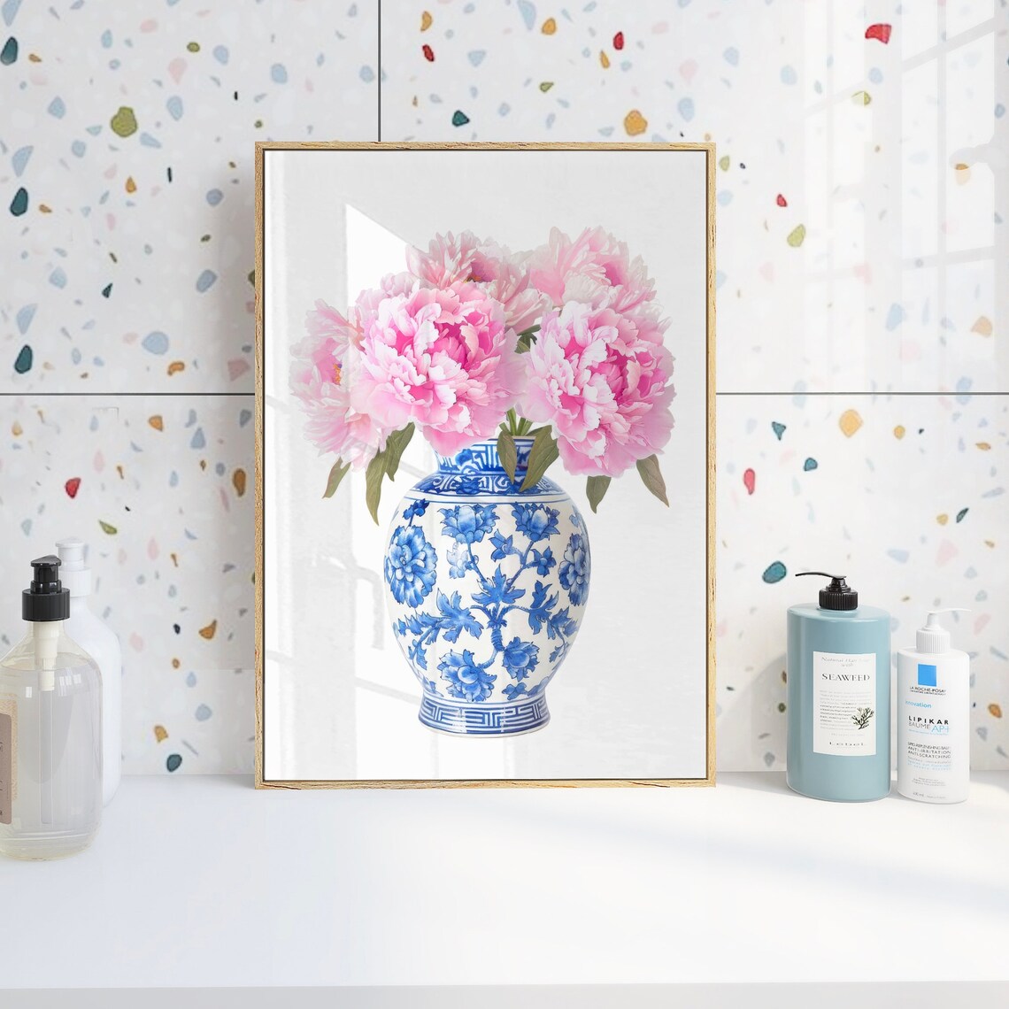 Blush Pink Peonies Chinoiserie Blue White Porcelain Vase Floral Poster - Image 3