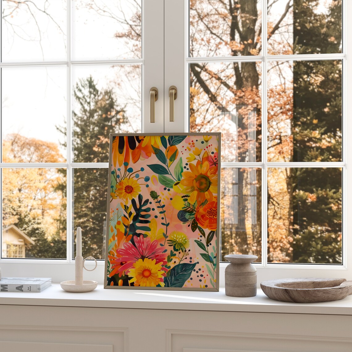 Warm Abstract Floral Garden Sunflowers Daisies Gouache Style Art Print - Image 2