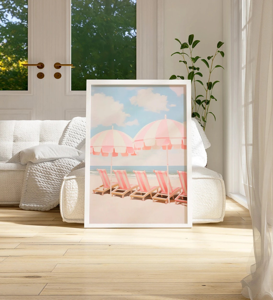 Pink Striped Beach Umbrella Lounge Chair Coastal Summer Art Poster - Image 2