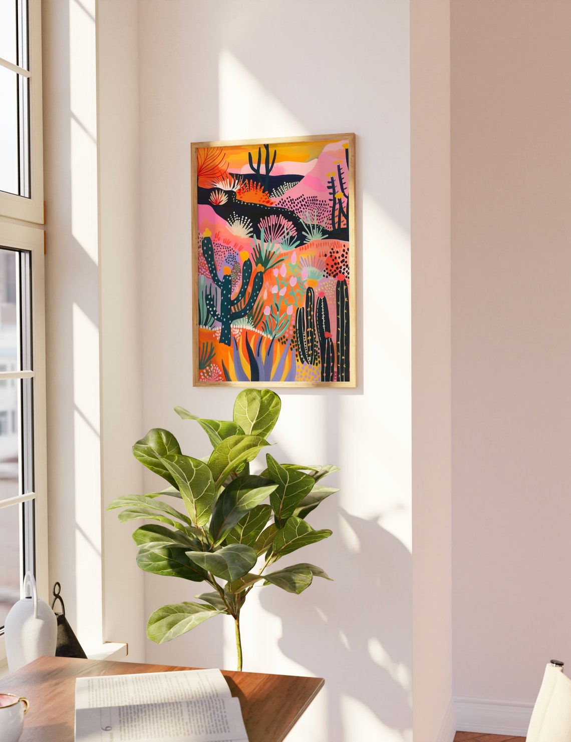 Retro Midcentury Desert Cactus Landscape Bold Pink Orange Cacti Poster - Image 2