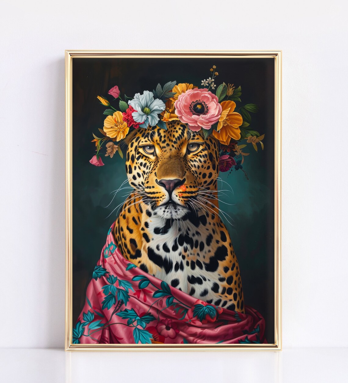 Majestic Leopard Wearing Floral Crown Painting Pink Shawl Maximalist Poster - Image 3