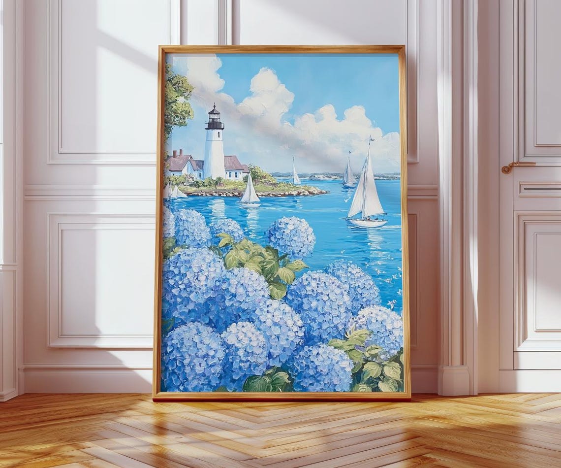 Lighthouse Sailboats Blue Hydrangeas Nantucket Coastal Poster - Image 2