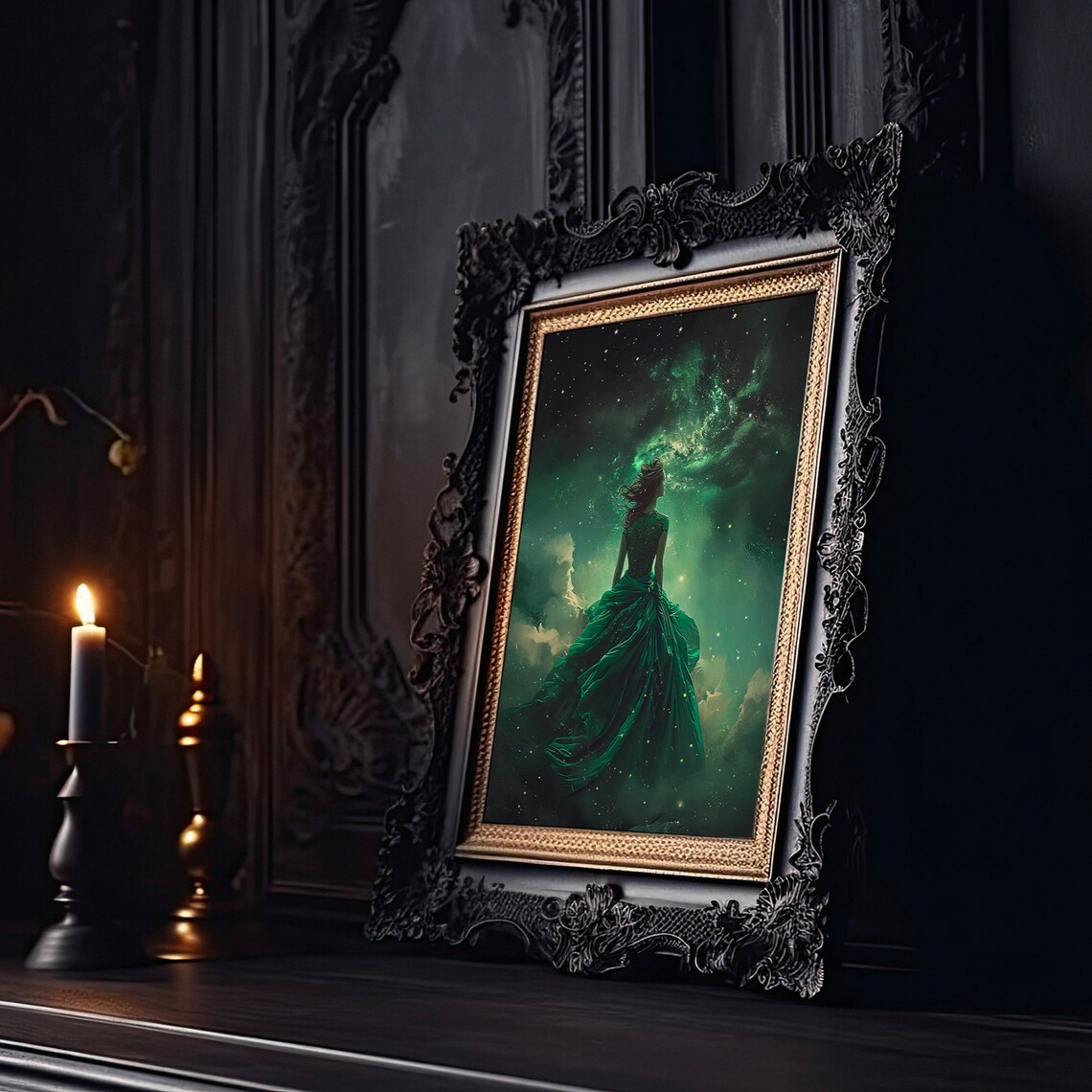 Woman in Emerald Gown Facing the Green Galaxy Night Sky Print - Image 2