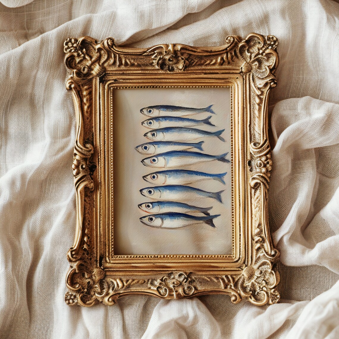 Vintage Sardine Fish Row Still Life Oil Painting Kitchen Art Poster - Image 2