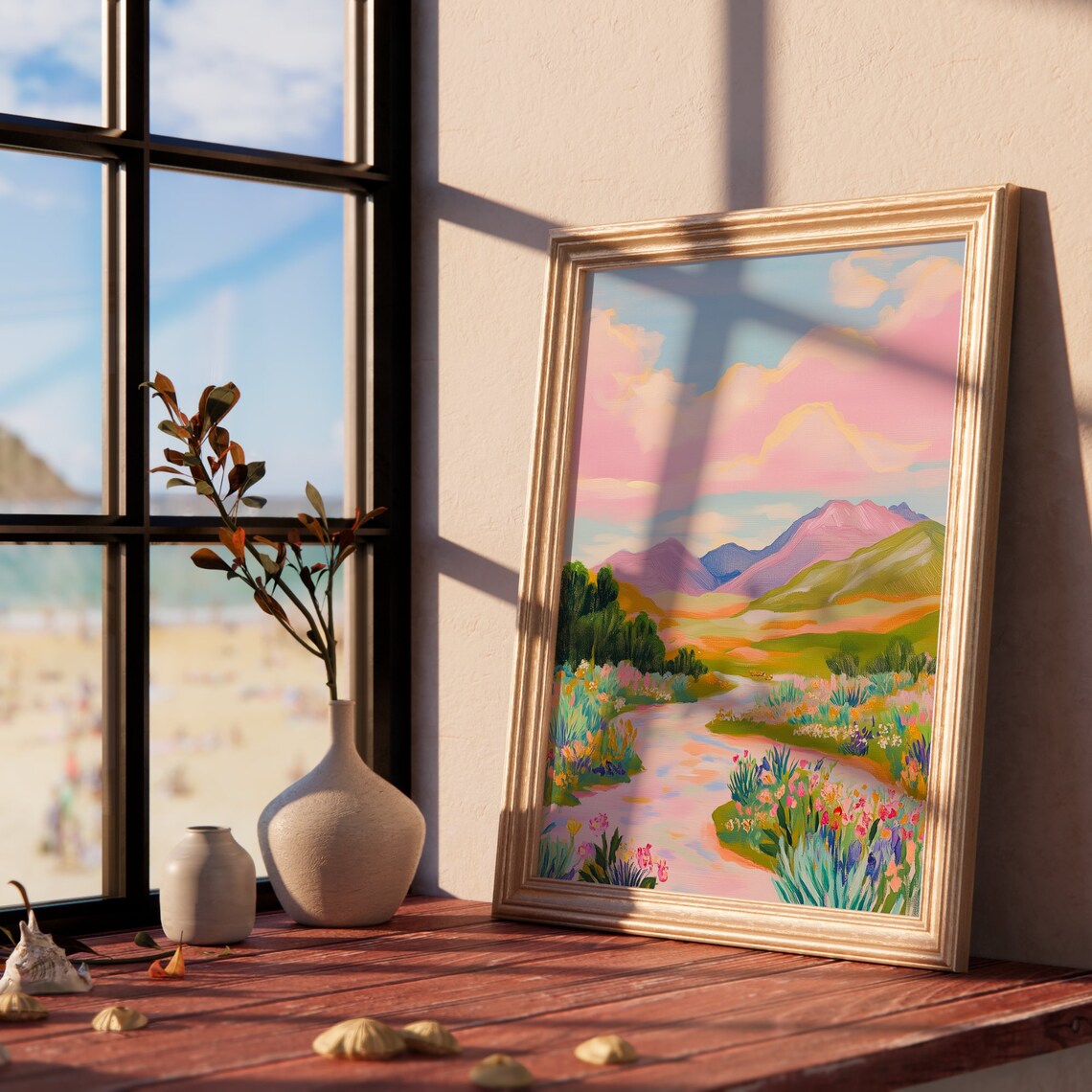Pastel Valley Stream Wildflower Meadow Purple Mountain Art Poster - Image 2