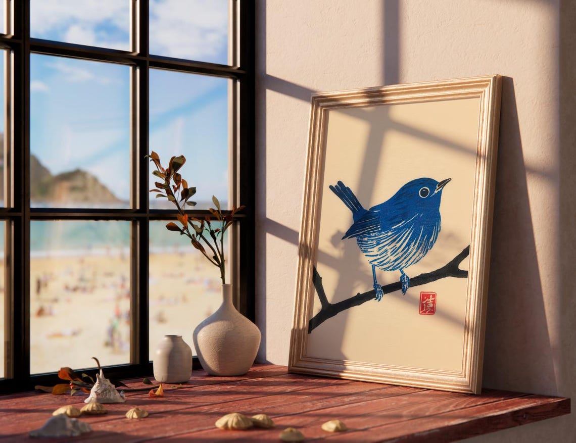 Bright Blue Songbird Resting On Branch Japanese Woodblock Print - Image 3