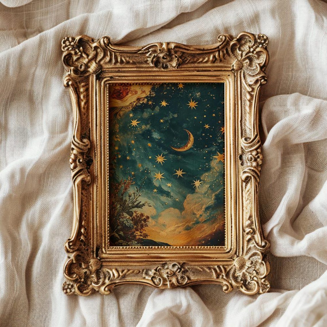Vintage Celestial Night Sky Crescent Moon Star Constellation Print - Image 2