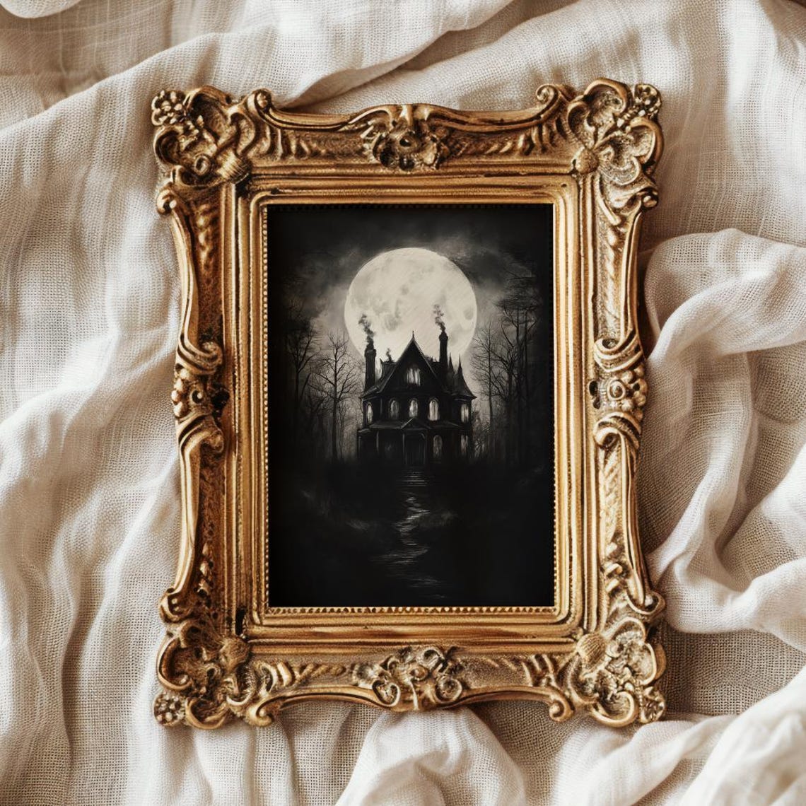 Haunted House Full Moon Painting Dark Gothic Halloween Art Poster - Image 2