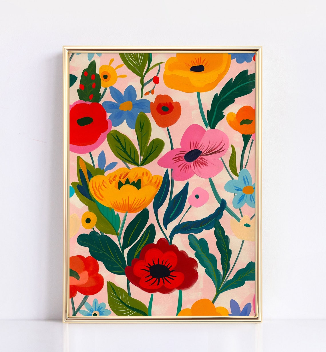 Colorful Poppy Anemone Modern Floral Pattern Pink Background Poster