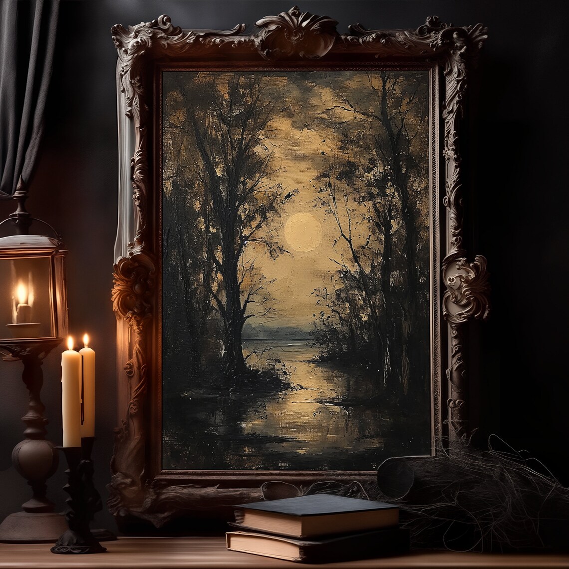 Golden Moon Over Dark Swamp Forest Sepia Vintage Night Art Poster - Image 2