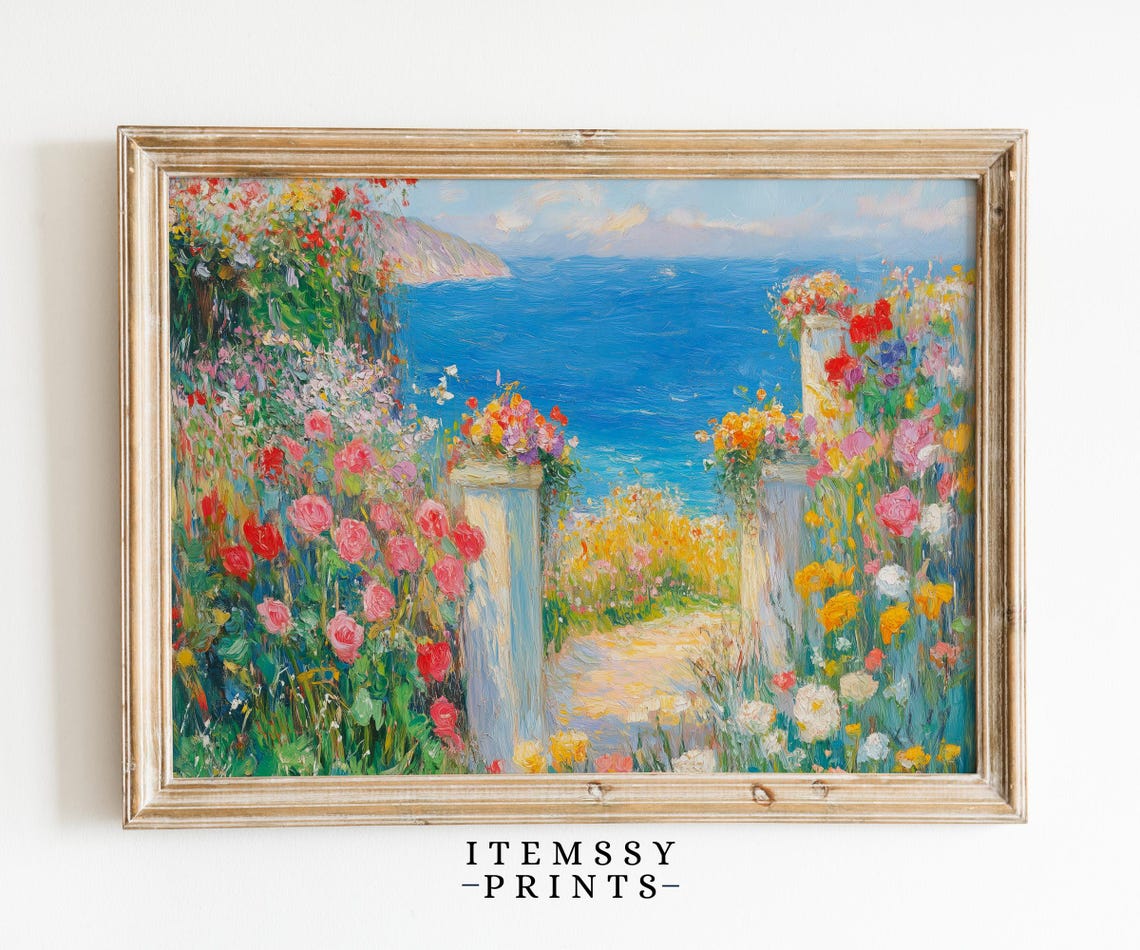 Flower Garden Path to the Sea Impressionist Coastal Cottage Wall Art