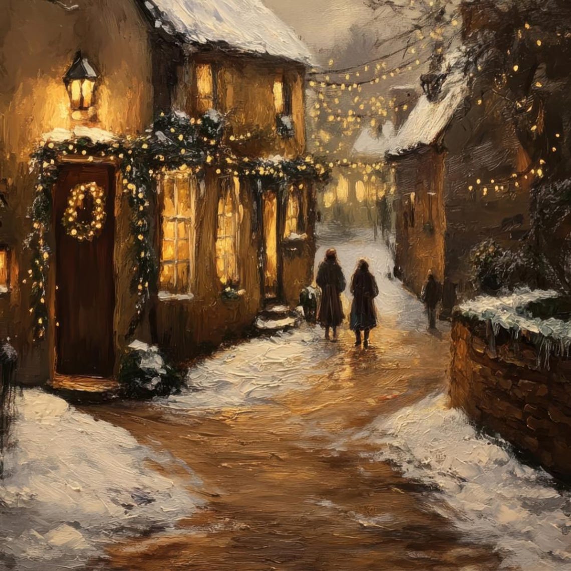 Snowy Village Street At Dusk With Glowing Warm Cottages Poster - Image 3