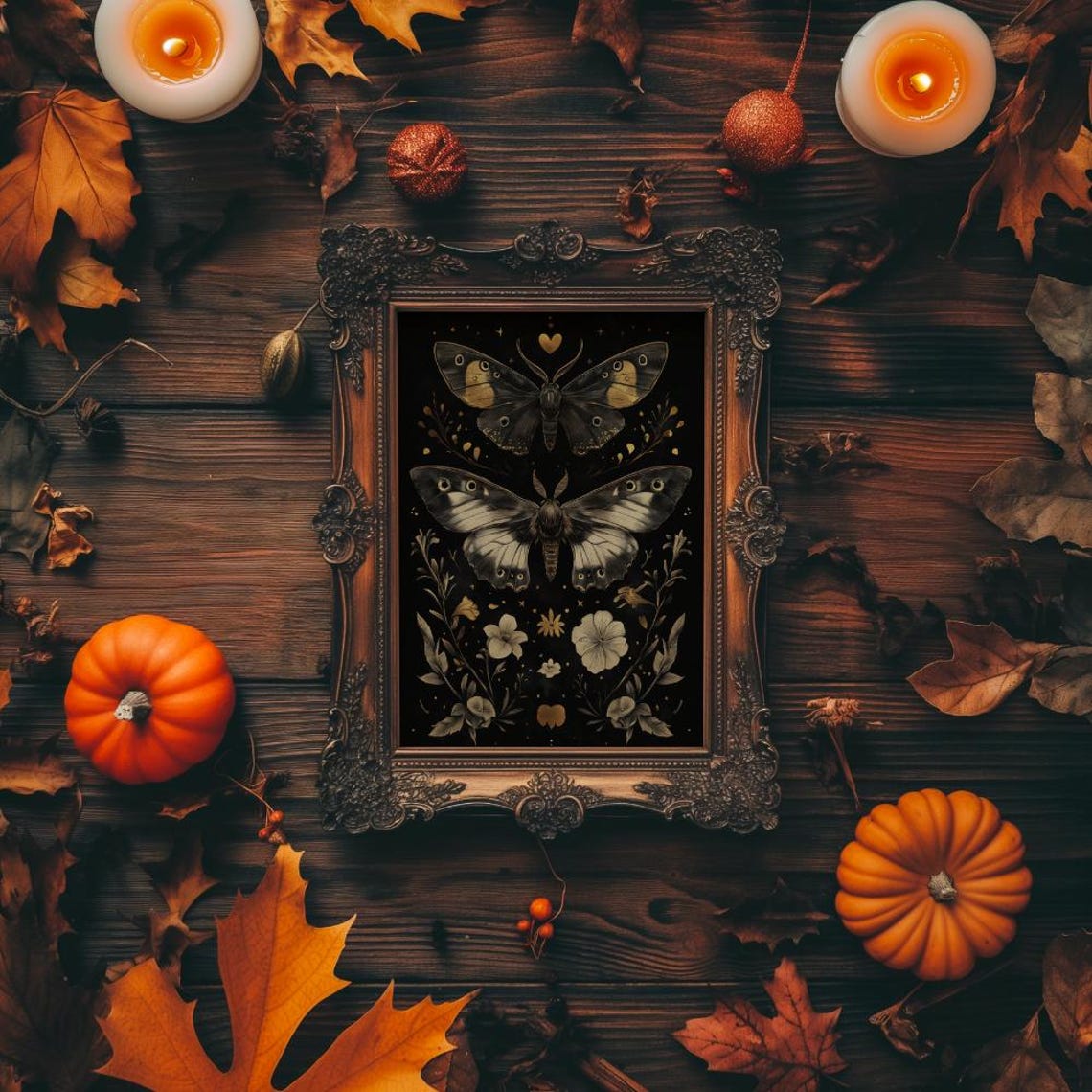 Black Moth Botanical Art Print Gold Gothic Floral Dark Decorative - Image 2