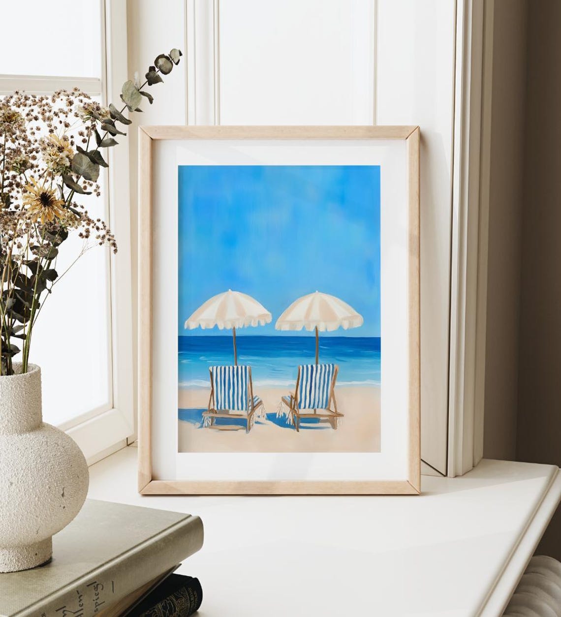 Blue Striped Beach Chairs Painting Umbrellas Coastal Art Poster - Image 3