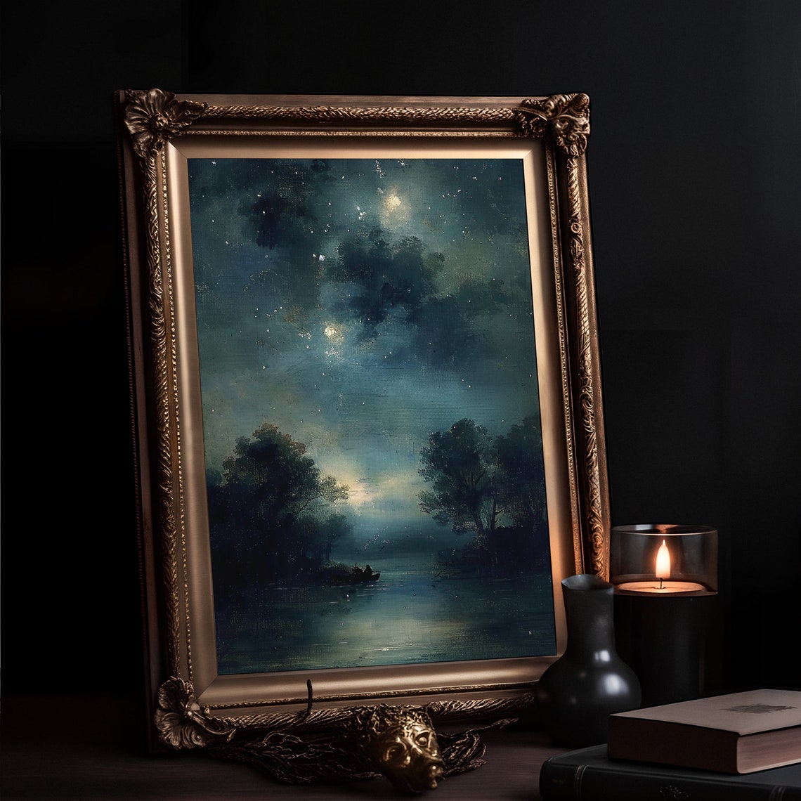 Moonlit River Night Painting Vintage Nocturne Boat Art Poster - Image 2