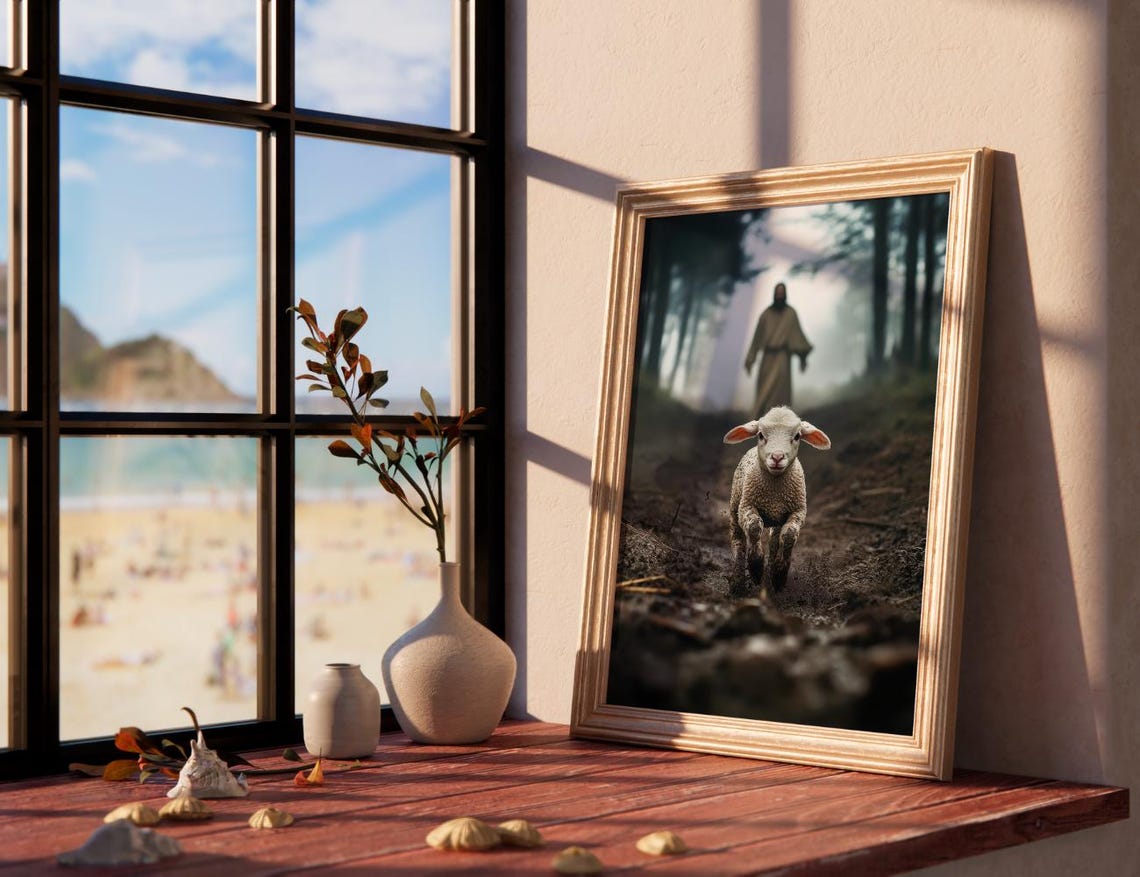 Little Lamb Running To Jesus In Misty Forest Clearing Poster - Image 3