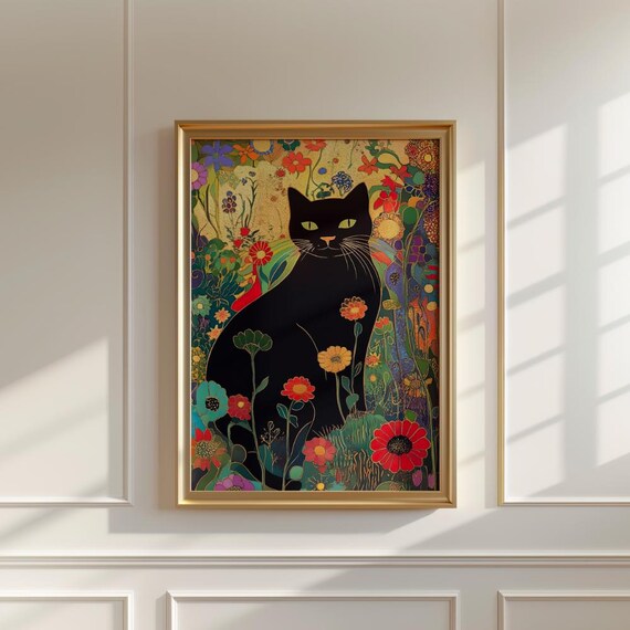 Regal Black Cat Among Golden Flowers Art Nouveau Style Poster