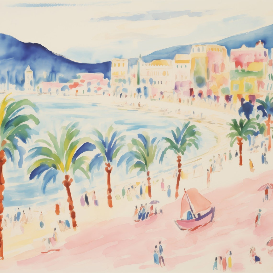 Matisse Inspired Riviera Beach Palms Waterfront Cityscape Art Poster - Image 2