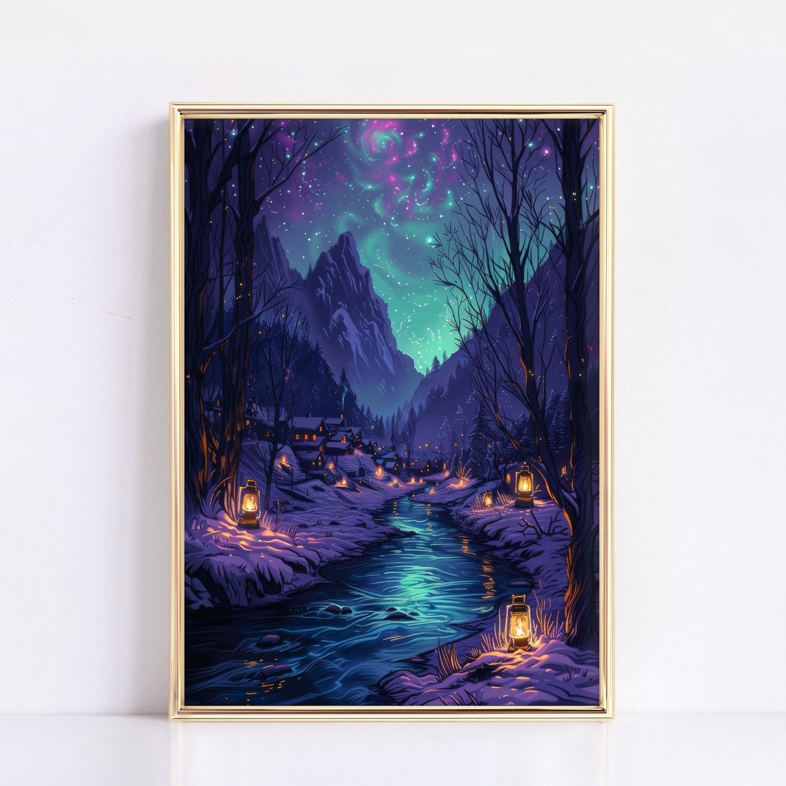 Lantern Lit Winter River Village Under Starry Sky Night Poster - Image 3