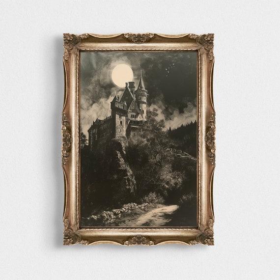 Draculas Castle Vintage Oil Painting Art Print Poster Gothic Home Decor Dark Academia Wall Art Black And White Print