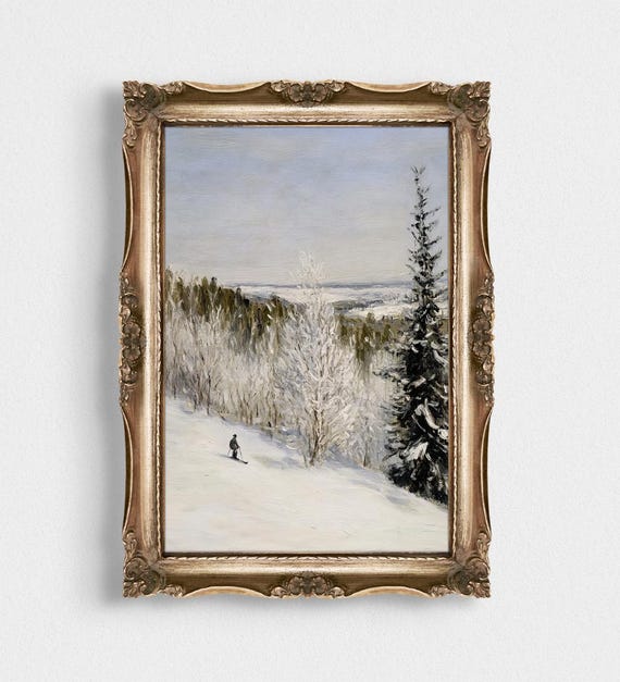 Winter Forest Painting Moody Vintage Country Landscape Scenery Rustic Winter Wall Art Cozy Farmhouse Decor