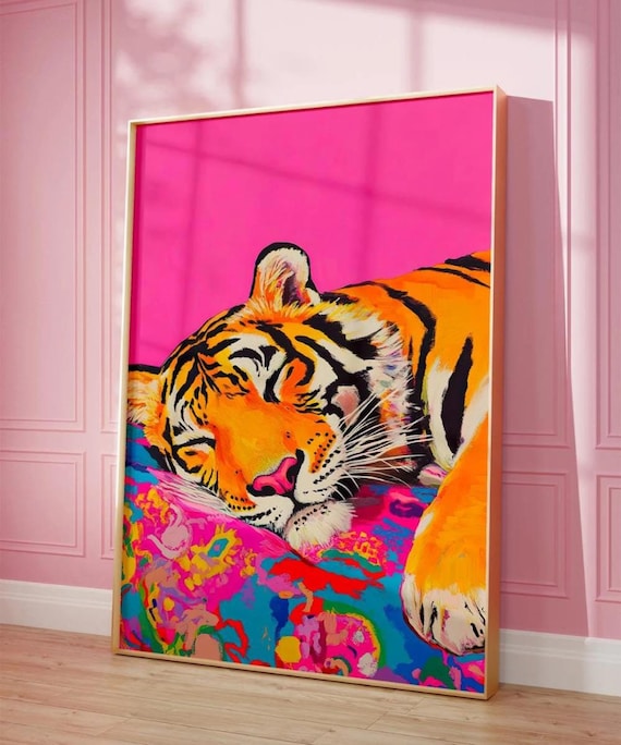 Cute Tiger Art Print, Maximalist Bedroom Decor
