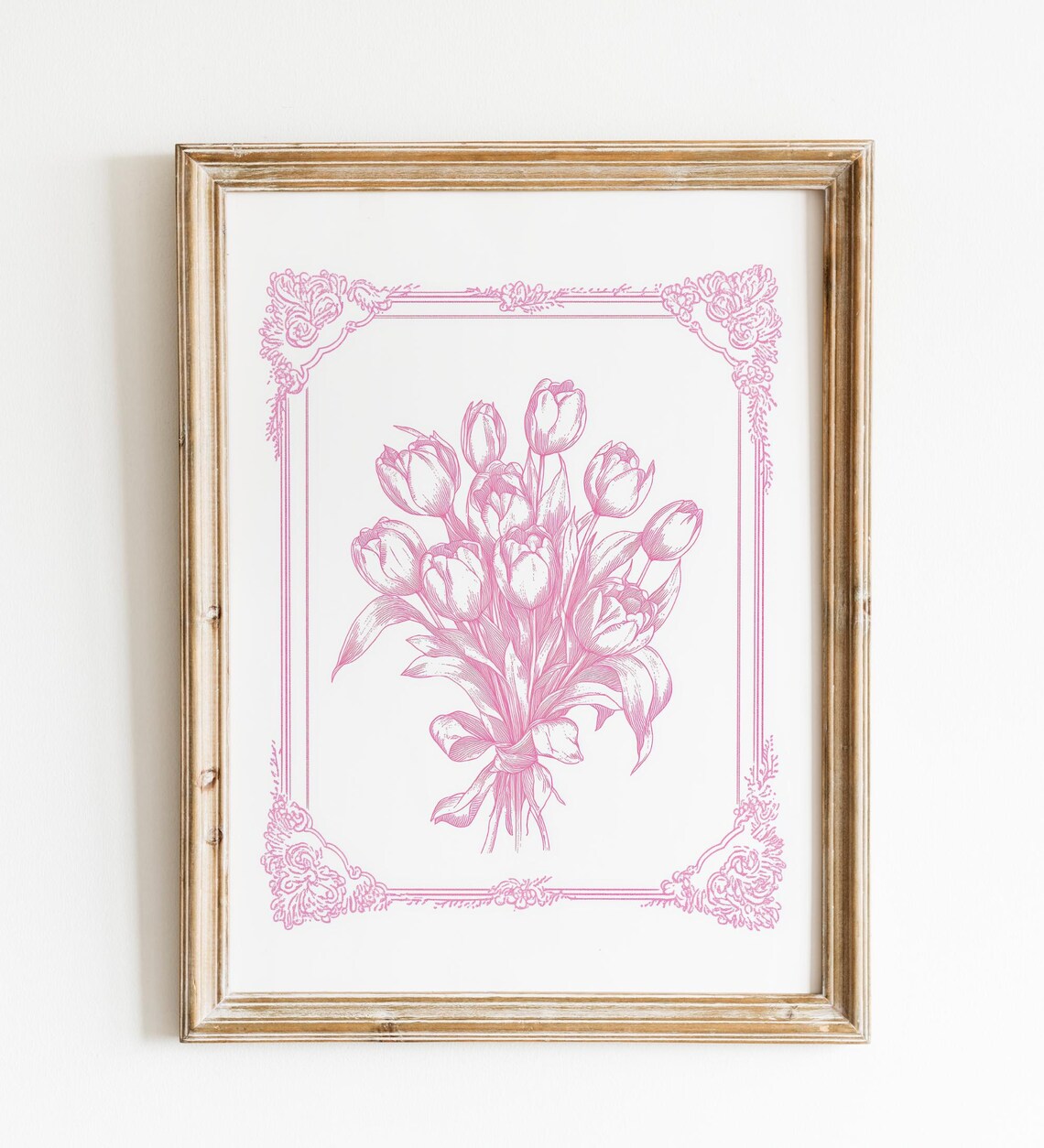 Vintage Pink Tulip Bouquet Illustration Ornate Border Floral Poster - Image 3