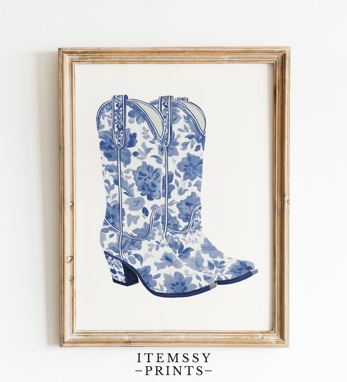Blue Floral Cowboy Boots Chinoiserie Western Chic Decor Poster
