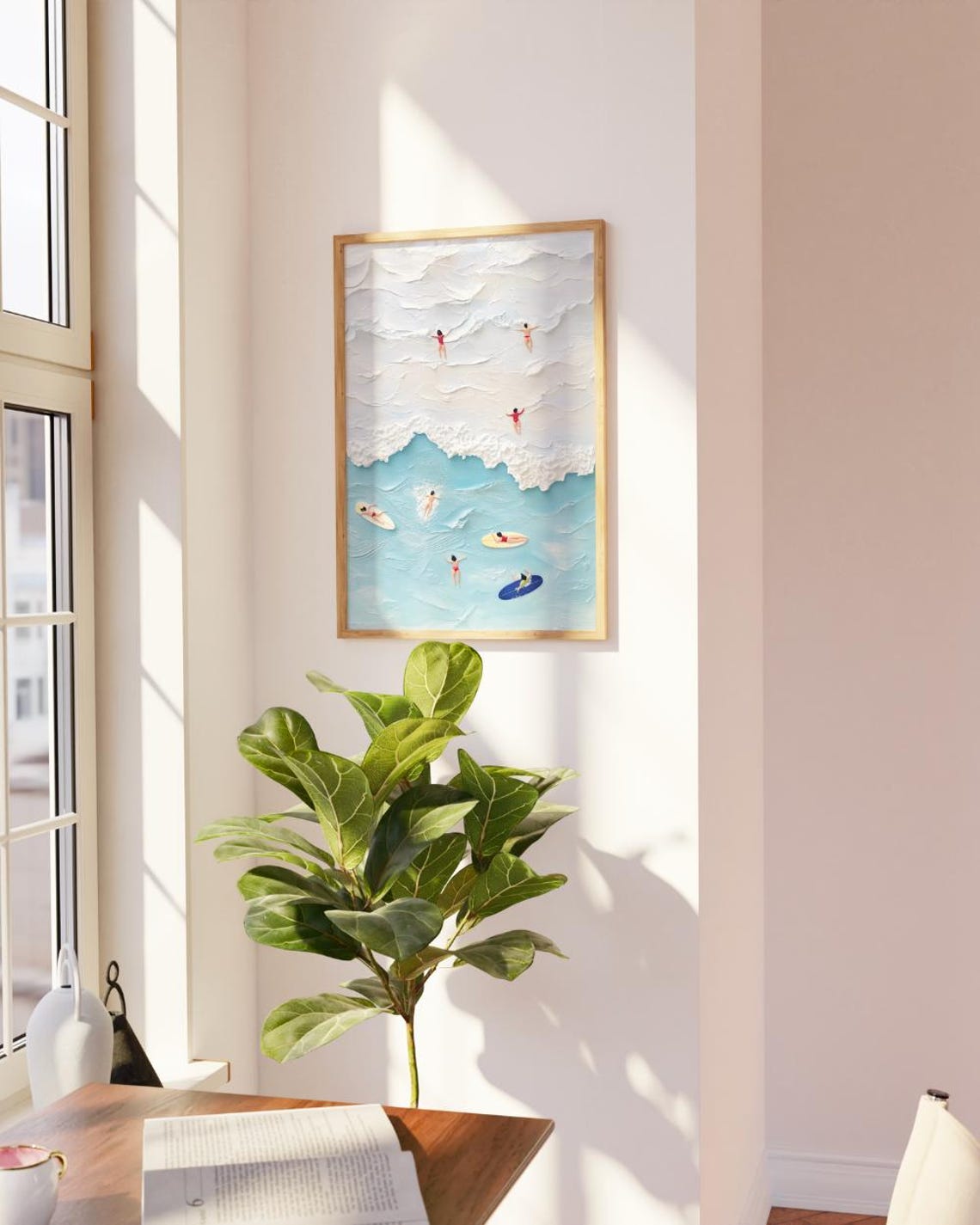 Textured Beach Waves Surfers Aerial 3D Oil Painting Coastal Print - Image 2