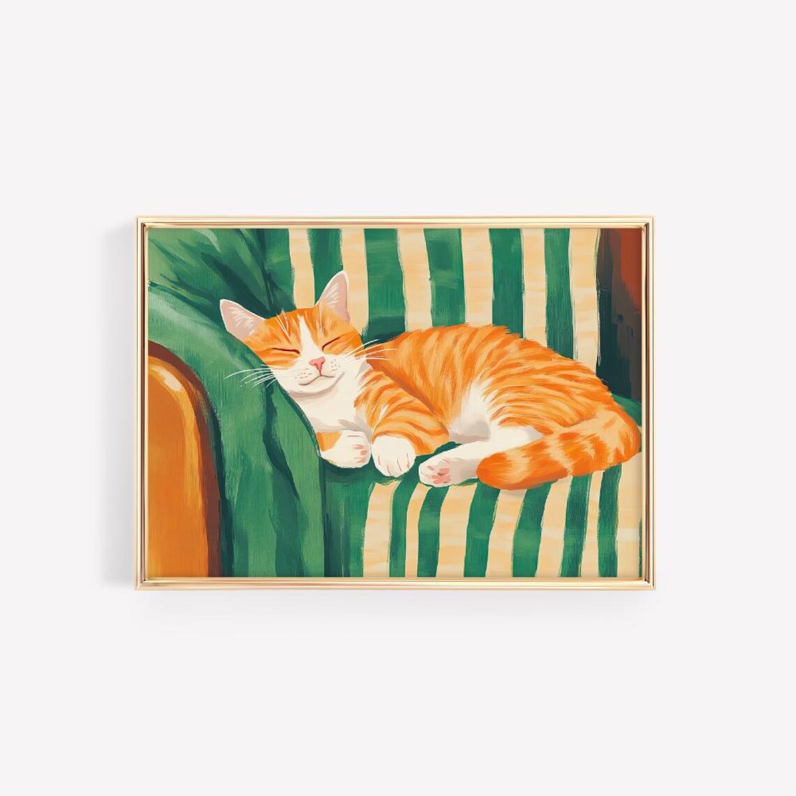 Orange Tabby Cat Napping on Striped Chair Cozy Sleeping Feline Art Poster - Image 3