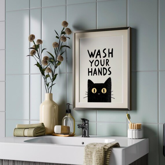 Black Cat Telling You to Wash Your Hands Funny Bathroom Poster