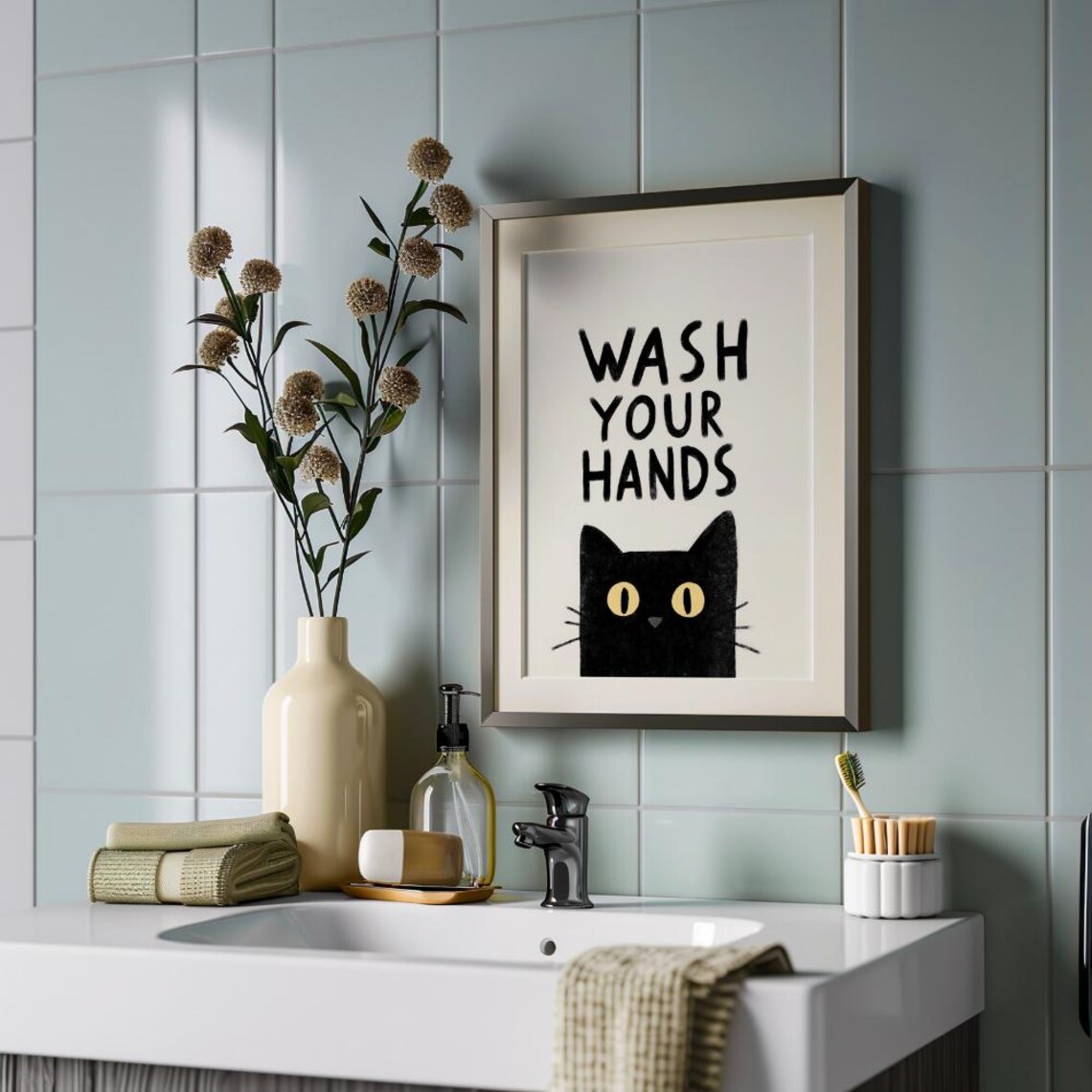 Black Cat Telling You to Wash Your Hands Funny Bathroom Poster