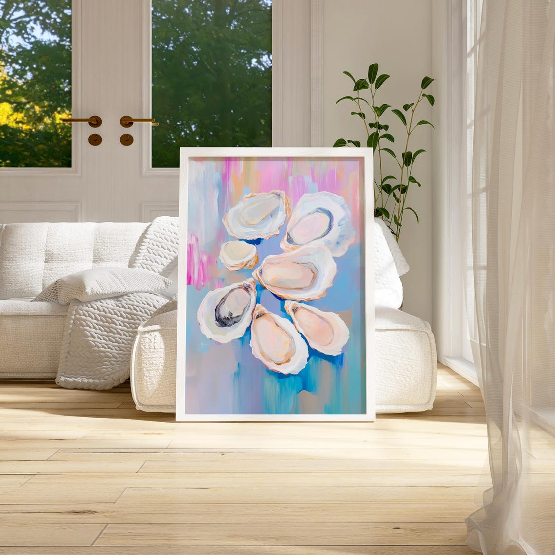 Oyster Shells Pastel Blue Pink Abstract Coastal Kitchen Wall Art - Image 3