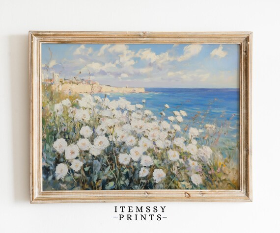 White Wildflower Field Coastal Ocean Summer Vintage Oil Painting Poster