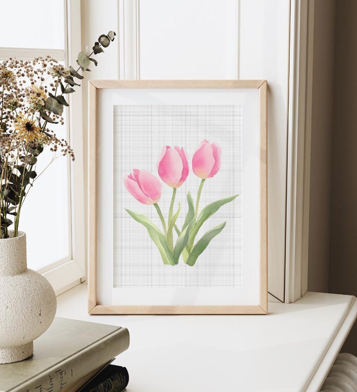 Pink Tulips Watercolor Botanical Illustration Checkered Art Print - Image 2