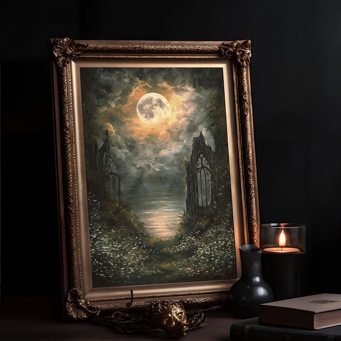 Full Moon Over Gothic Gate Dark Woods Vintage Night Painting Poster - Image 3