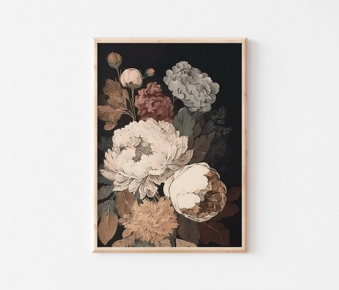 Dark Moody Peony Still Life Vintage Gothic Floral Art Poster - Image 3
