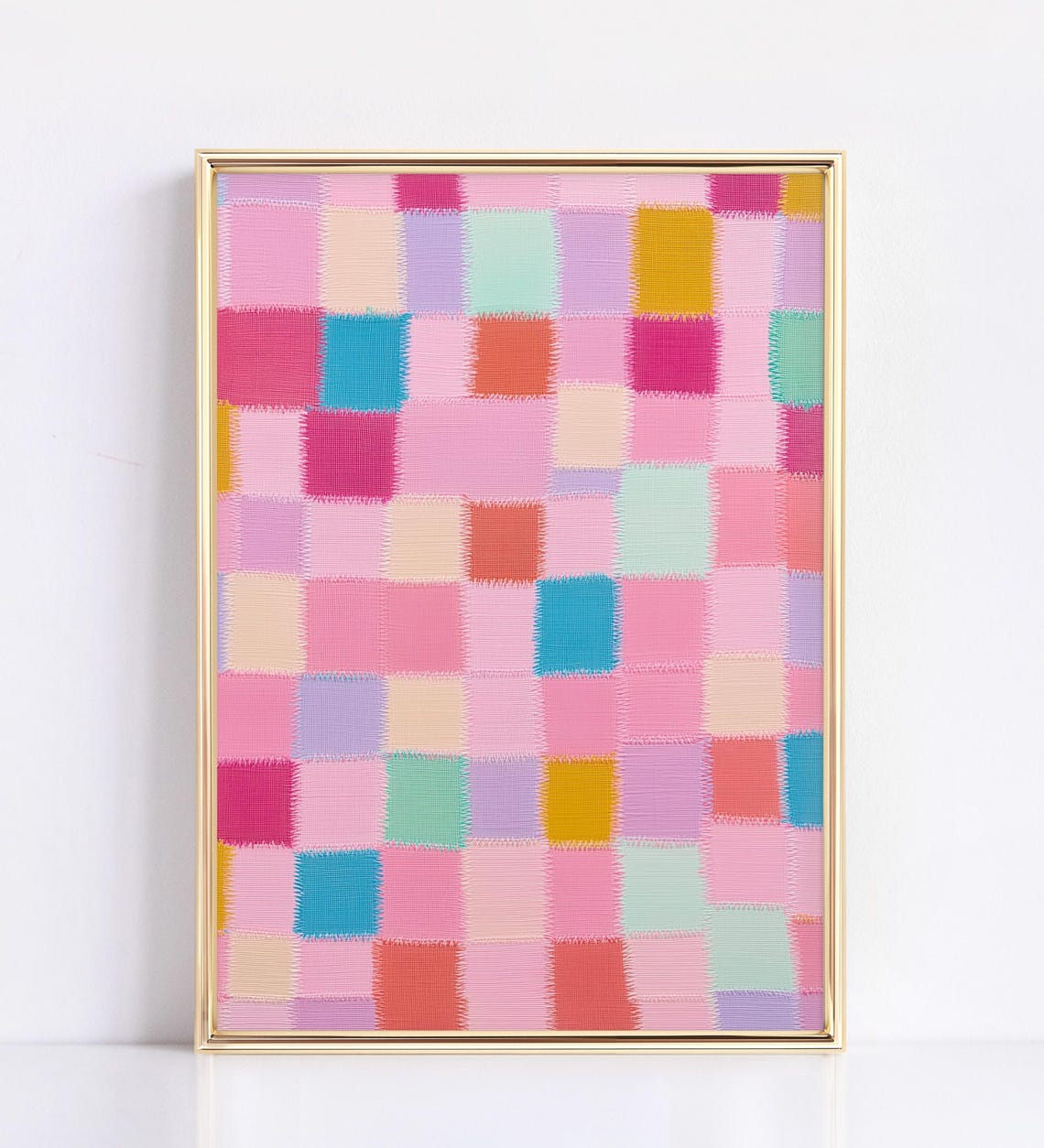 Colorful Patchwork Grid Abstract Painting Pink Modern Wall Art