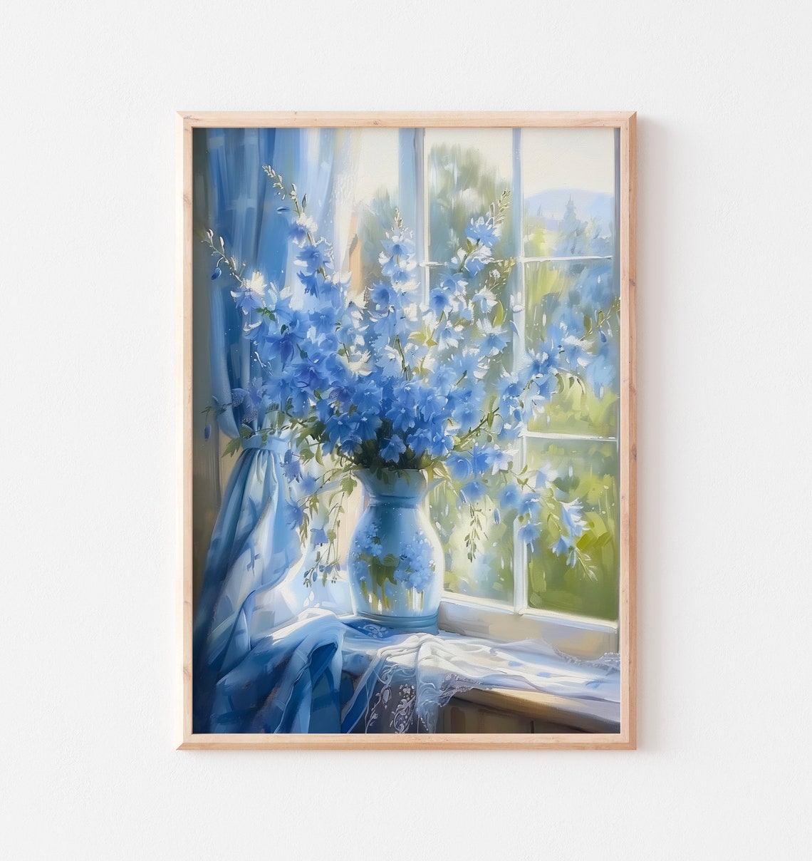 Blue Bellflowers Blue Vase Sunny Windowsill Dreamy Floral Art Poster - Image 3