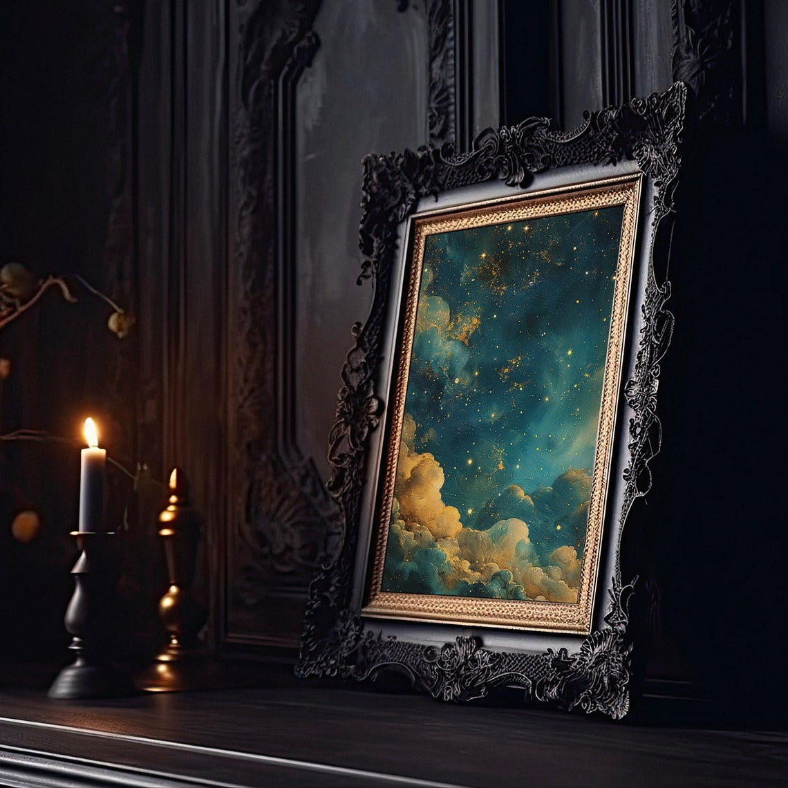 Starry Sky Above Golden Clouds Cosmic Celestial Dreamscape Print - Image 2