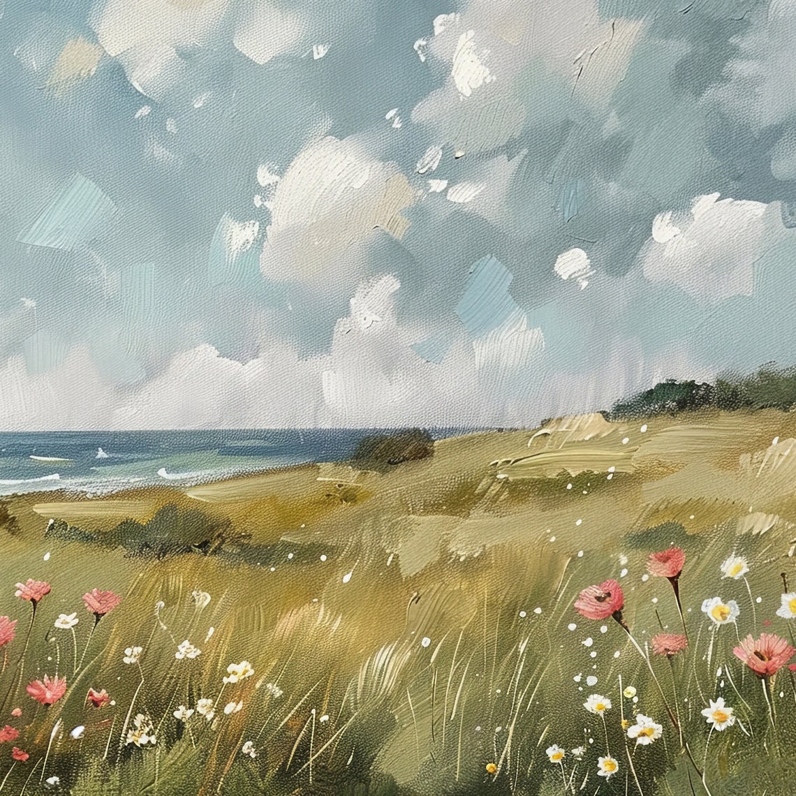 Coastal Flower Meadow Overlooking the Ocean Cloudy Sky Print - Image 2