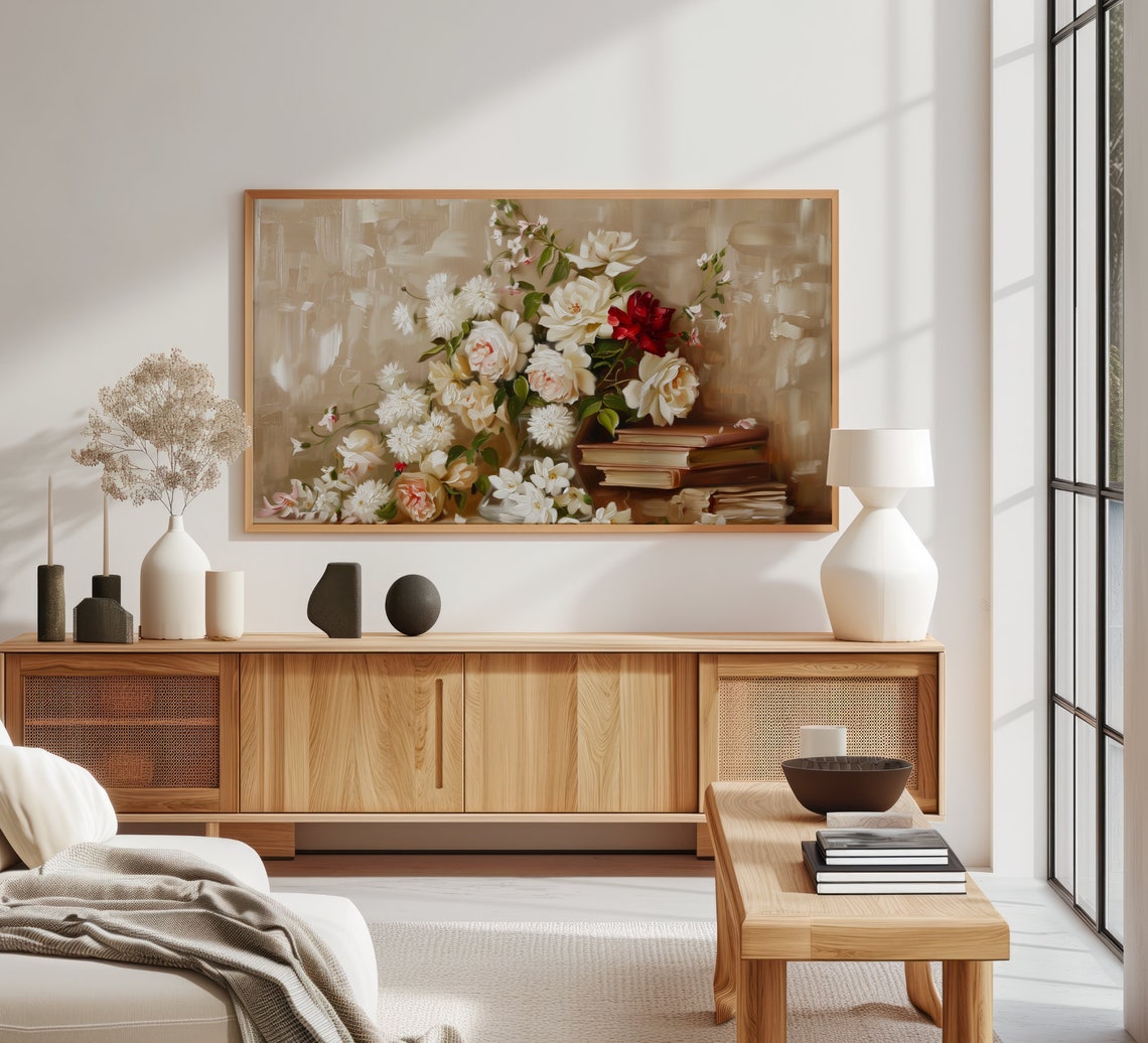 Neutral Beige Roses With Old Books Soft Romantic Floral Art Poster - Image 3