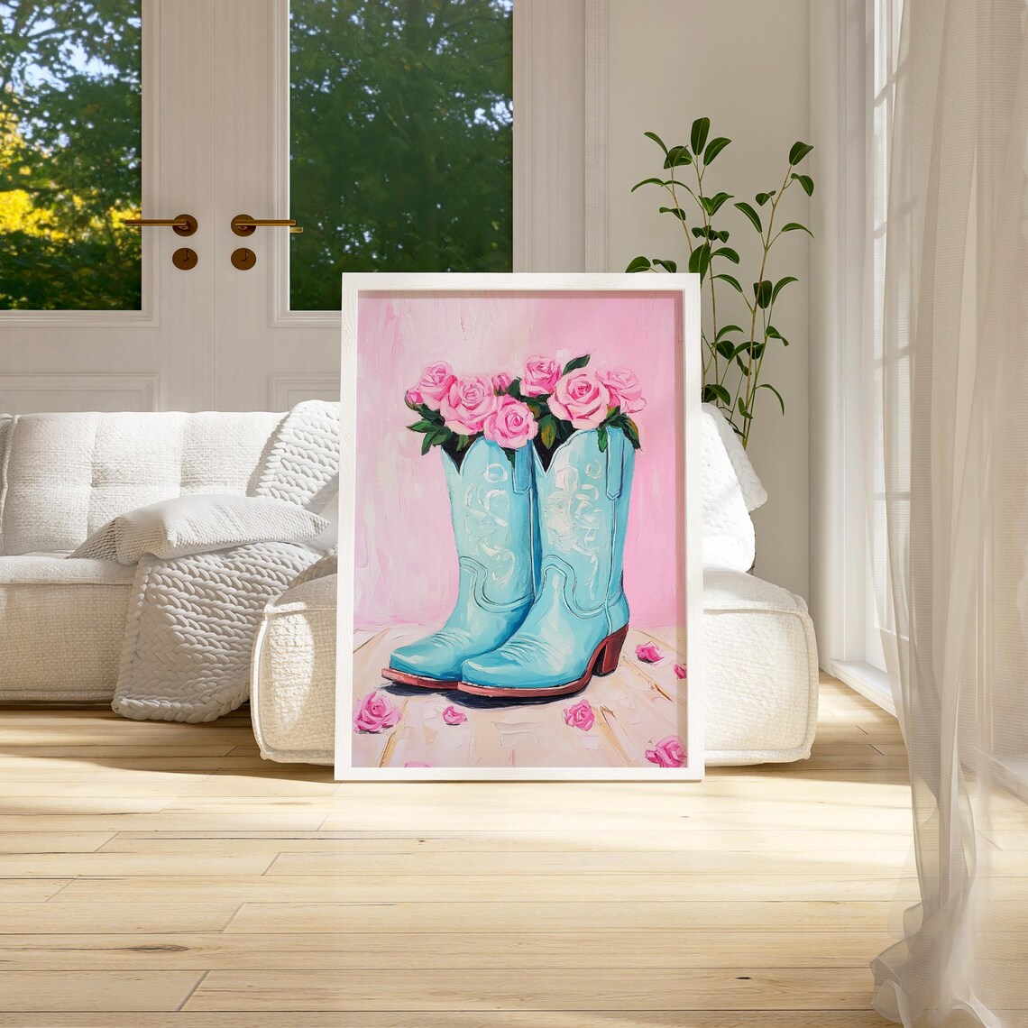 Blue Cowboy Boots with Pink Roses Oil Painting Floral Wall Art - Image 3